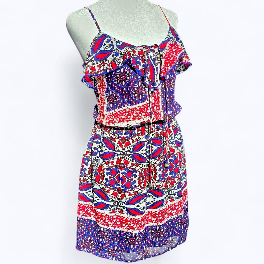 🔵 Accidentally In Love Red White Blue Sheer Halter Mini Sundress Small